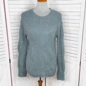 Nine West Scalloped Sleeve Sequin Shimmer Sweater Sage Green Silver XS